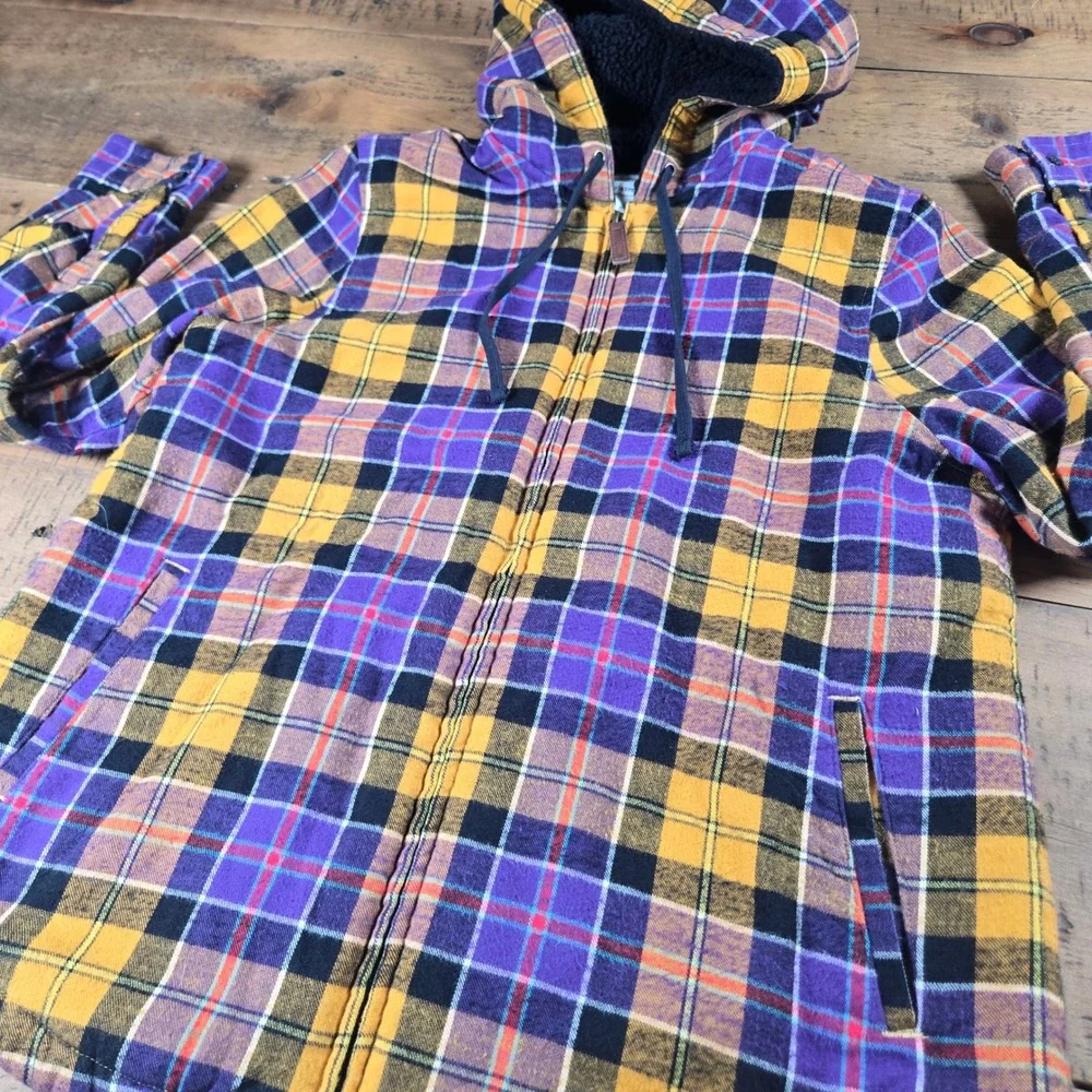 LL Bean Relaxed Fit Sherpa Lined Flannel Hoodie Purple Gold Plaid 505453 Small